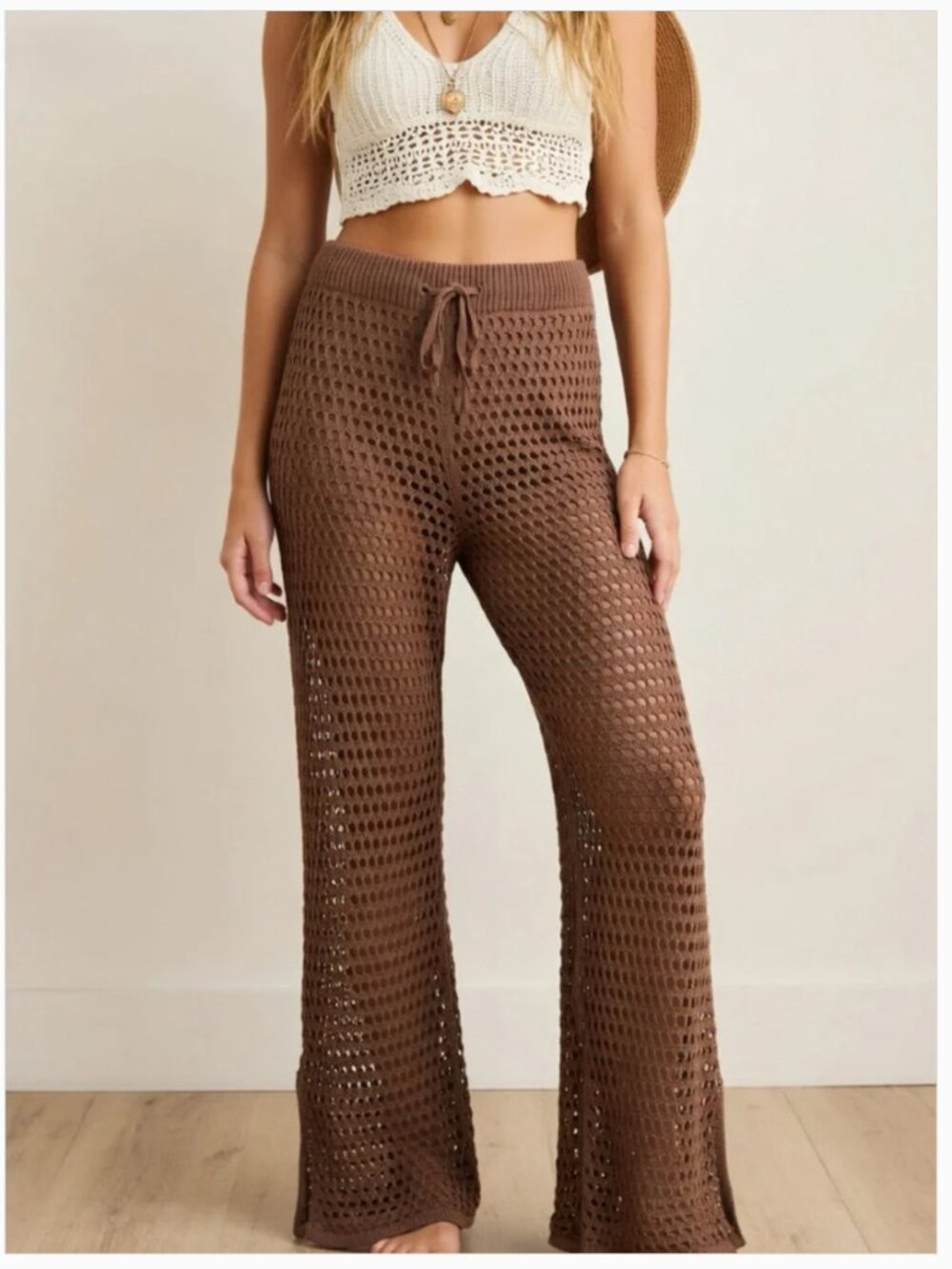NWOT Aerie Crochet Pants Wide Leg Cotton Brown Size Medium Boho Beach